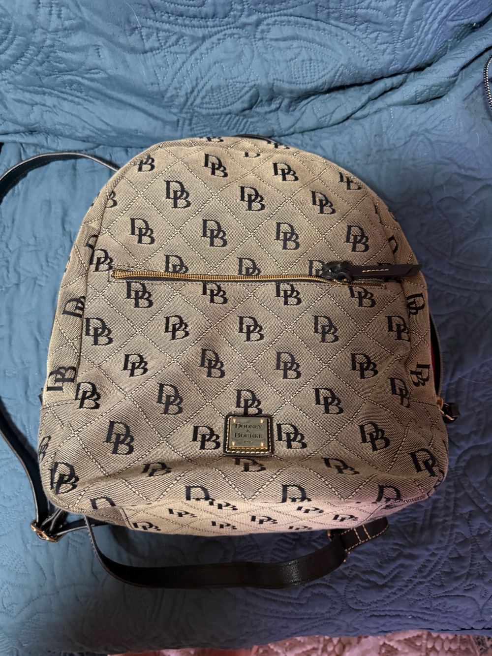 Dooney & Bourke Beige Logo Canvas Backpack with Black Accents